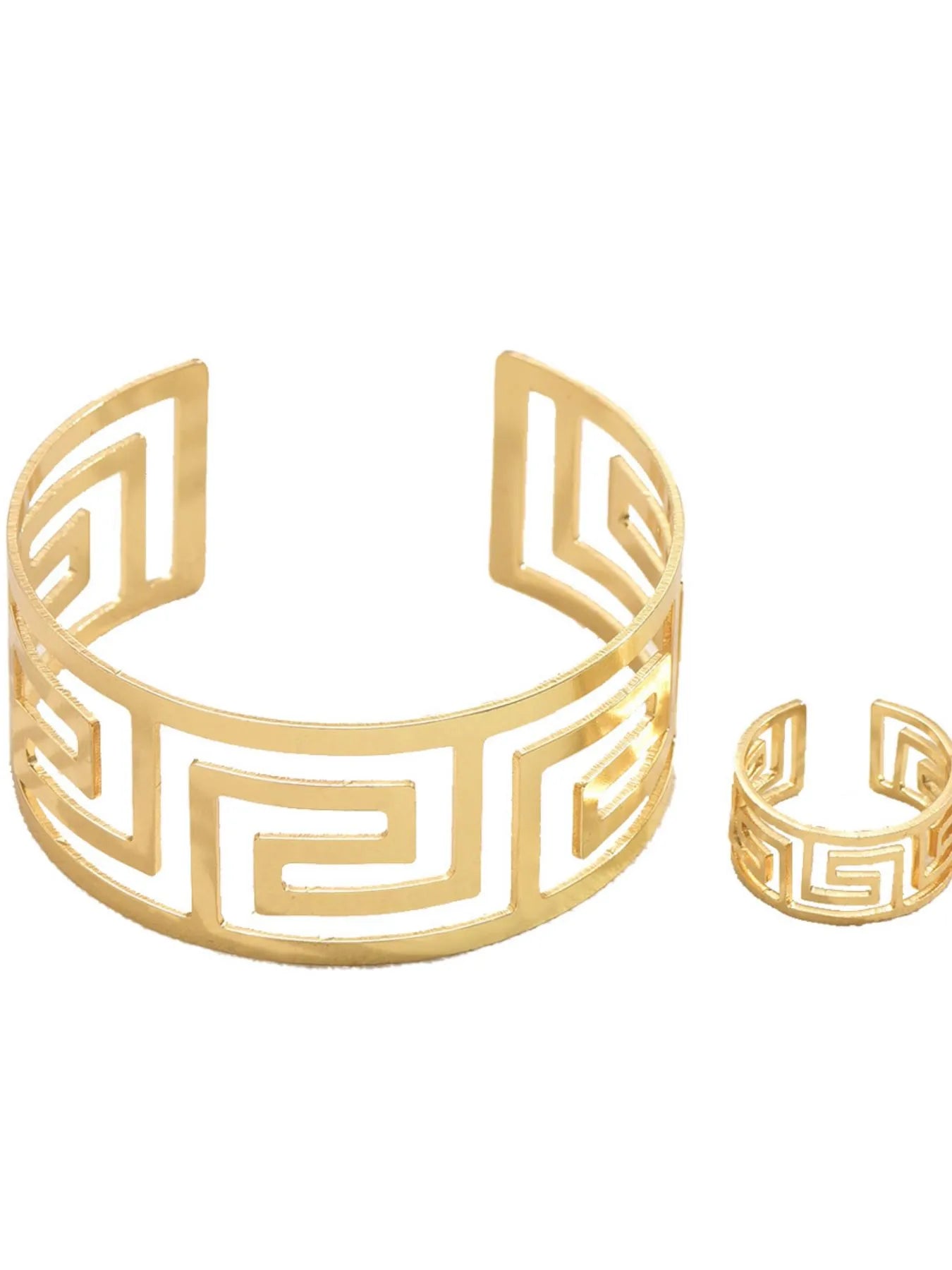 18K Gold - Plated Stainless Steel Geometric Bracelet and Ring Jewelry Set - Style Chic Couture