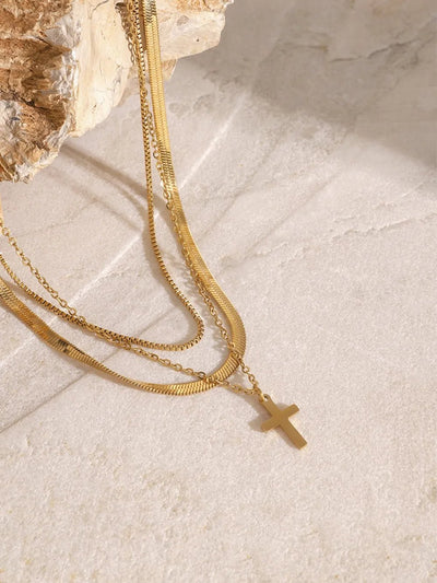 18K Gold - Plated Three - Layered Cross Necklace - Style Chic Couture