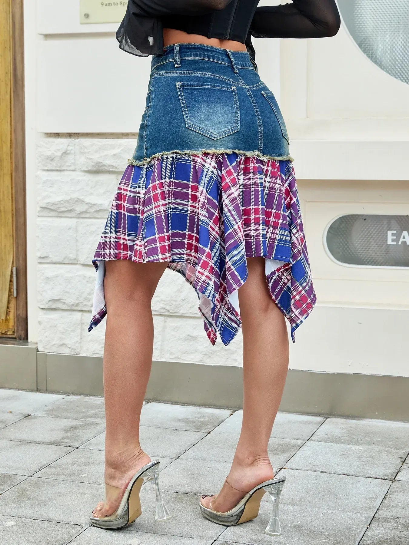 Asymmetric Plaid Hem Denim Skirt - Style Chic Couture