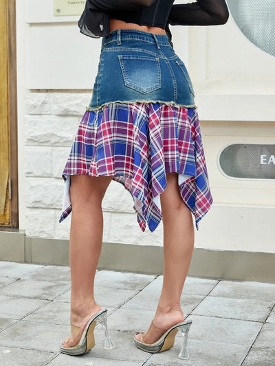 Asymmetric Plaid Hem Denim Skirt - Style Chic Couture