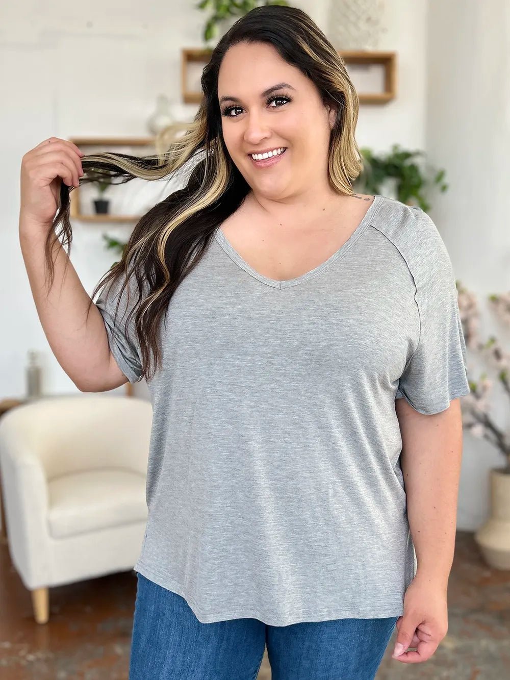 Basic Bae Full Size Bamboo Slit V - Neck Short Sleeve T-Shirt - Style Chic Couture