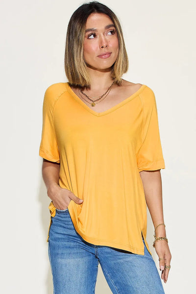 Basic Bae Full Size Bamboo Slit V - Neck Short Sleeve T-Shirt - Style Chic Couture