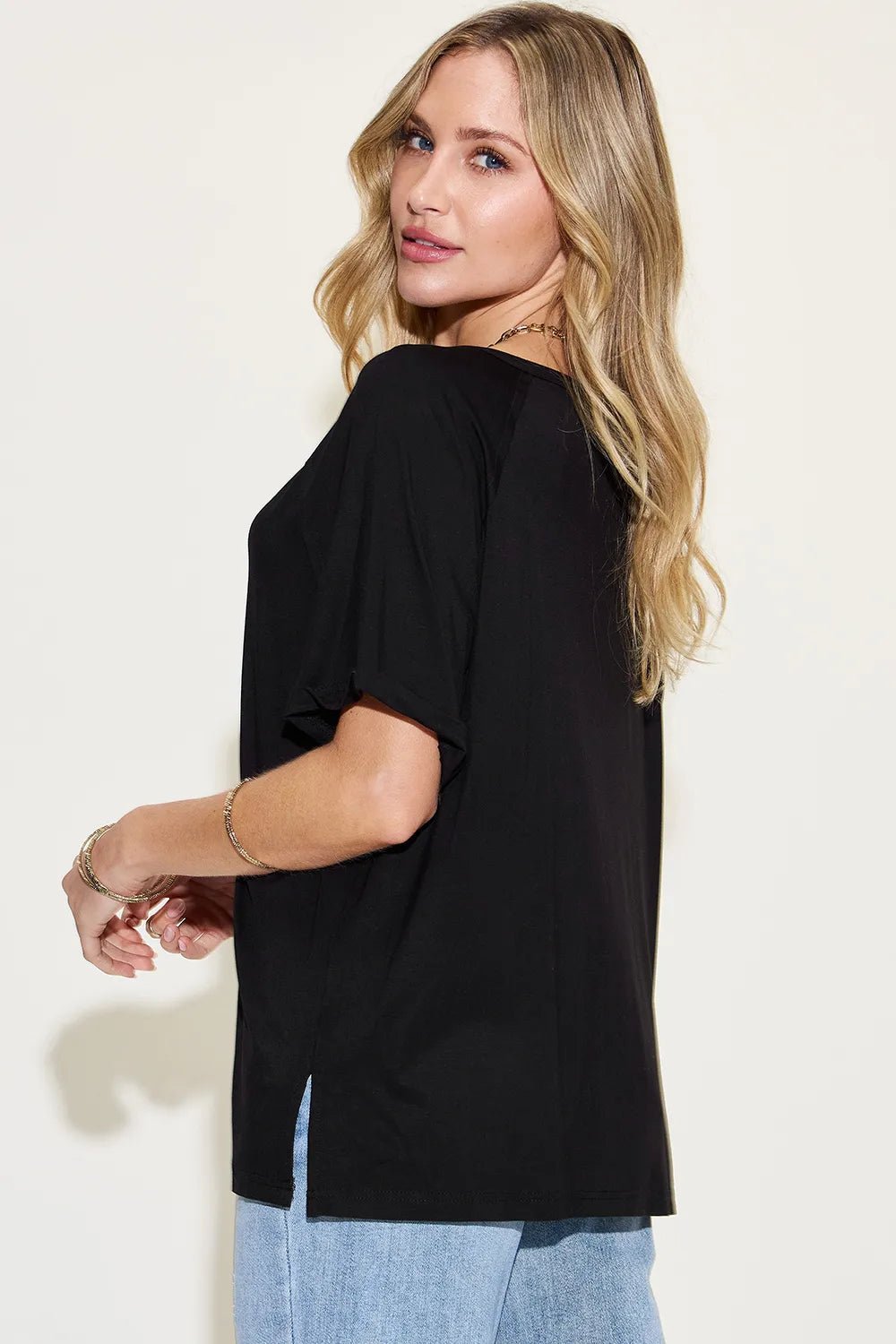 Basic Bae Full Size Bamboo Slit V - Neck Short Sleeve T-Shirt - Style Chic Couture