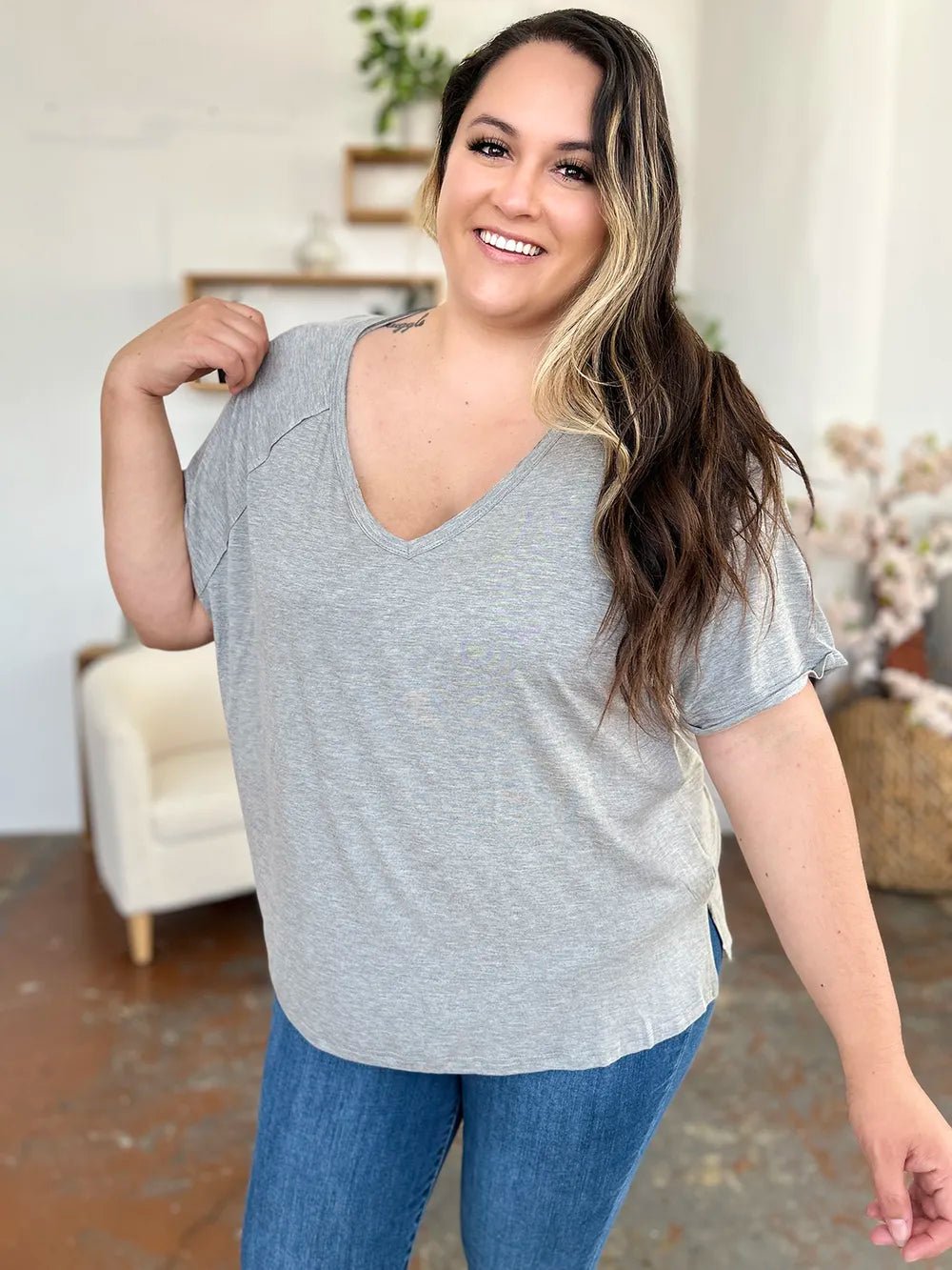 Basic Bae Full Size Bamboo Slit V - Neck Short Sleeve T-Shirt - Style Chic Couture