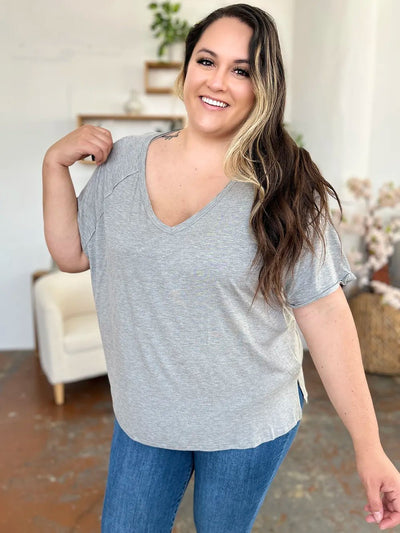 Basic Bae Full Size Bamboo Slit V - Neck Short Sleeve T-Shirt - Style Chic Couture