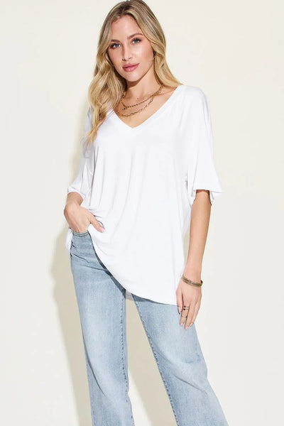 Basic Bae Full Size Bamboo V - Neck Drop Shoulder T-Shirt - Style Chic Couture