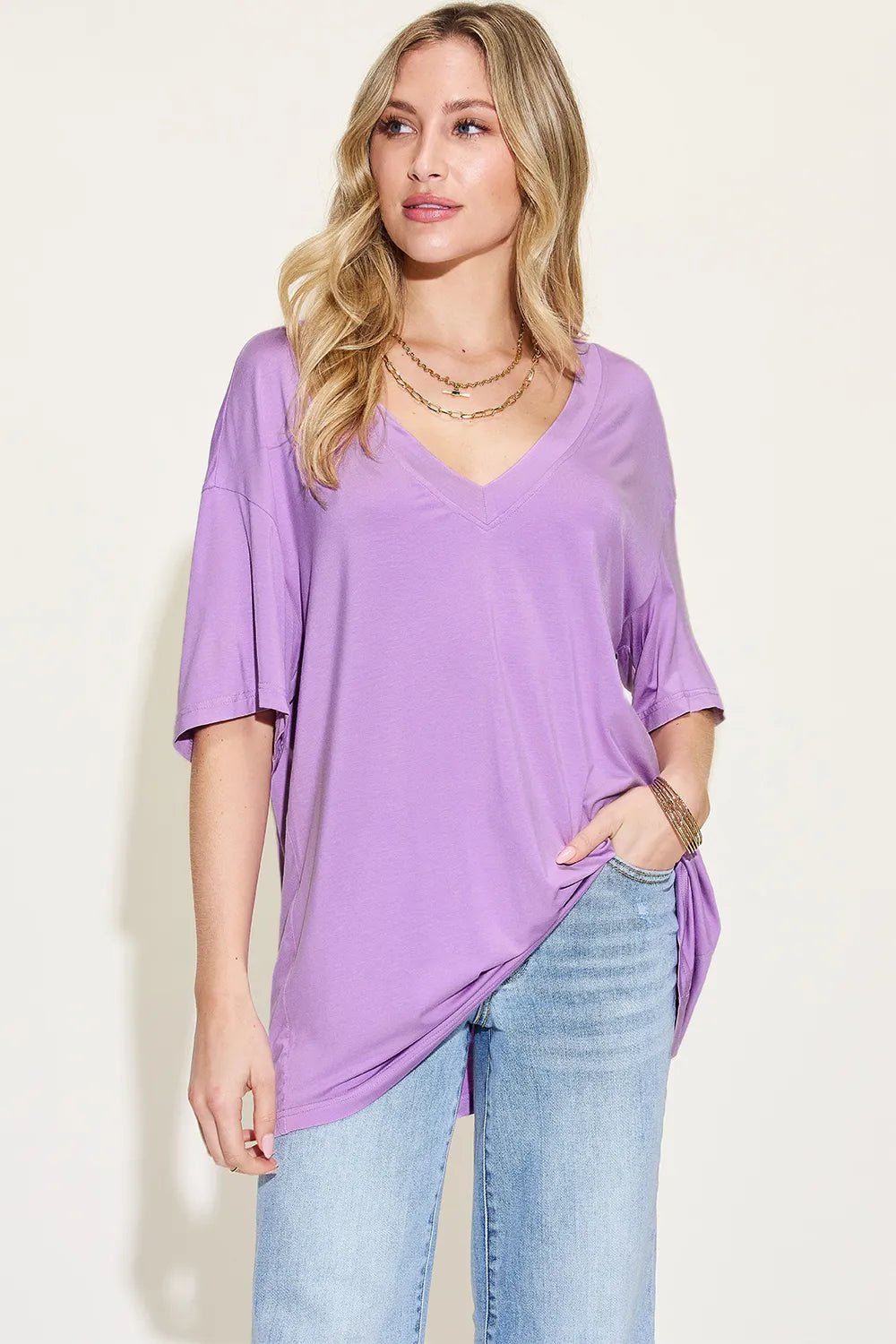 Basic Bae Full Size Bamboo V - Neck Drop Shoulder T-Shirt - Style Chic Couture