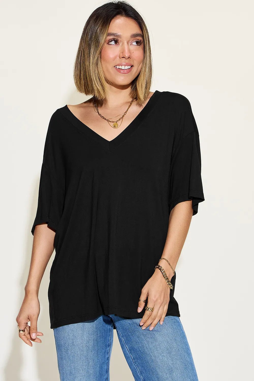 Basic Bae Full Size Bamboo V - Neck Drop Shoulder T-Shirt - Style Chic Couture
