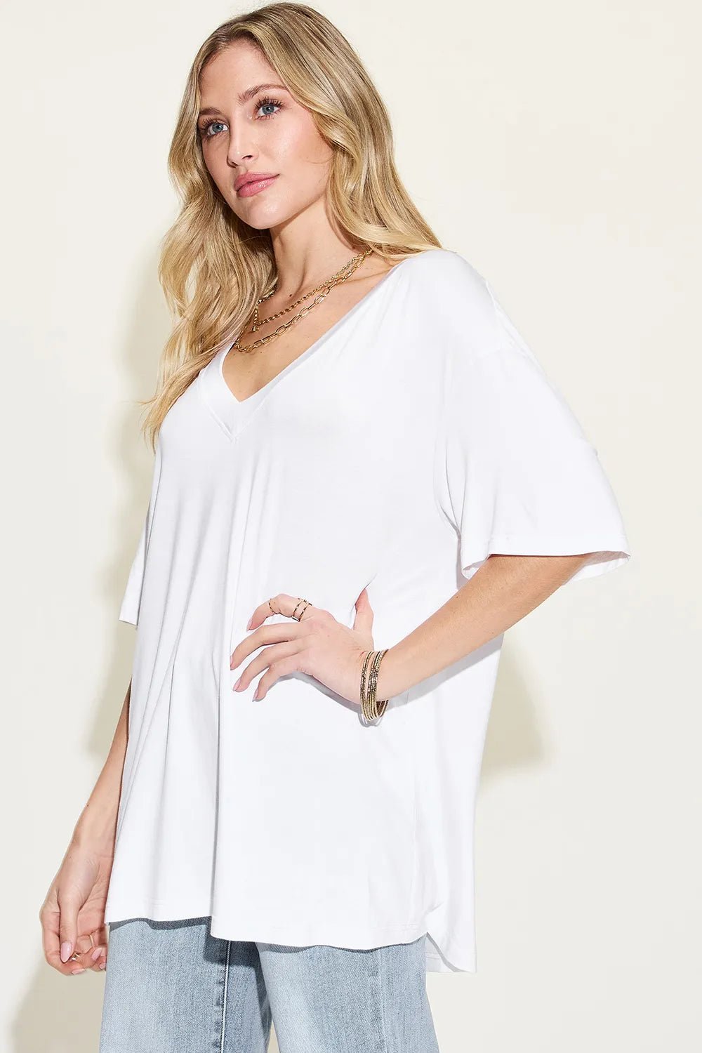 Basic Bae Full Size Bamboo V - Neck Drop Shoulder T-Shirt - Style Chic Couture