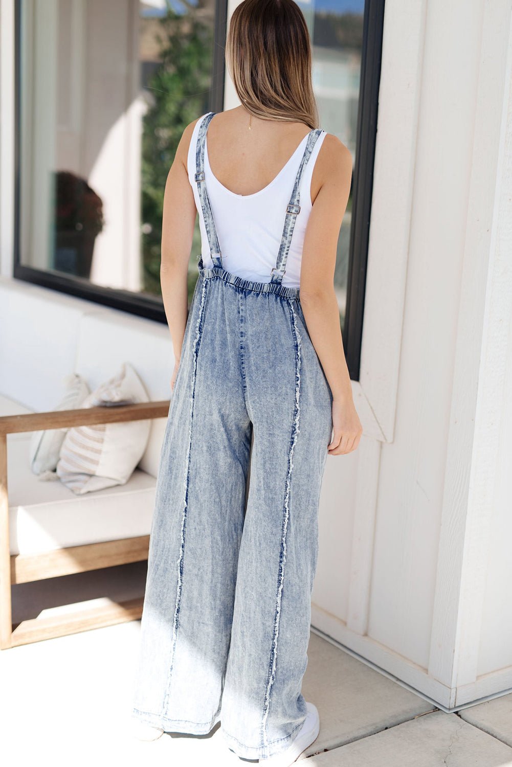Beau Blue Light Wash Frayed Exposed Seam Wide Leg Denim Overall - Style Chic Couture