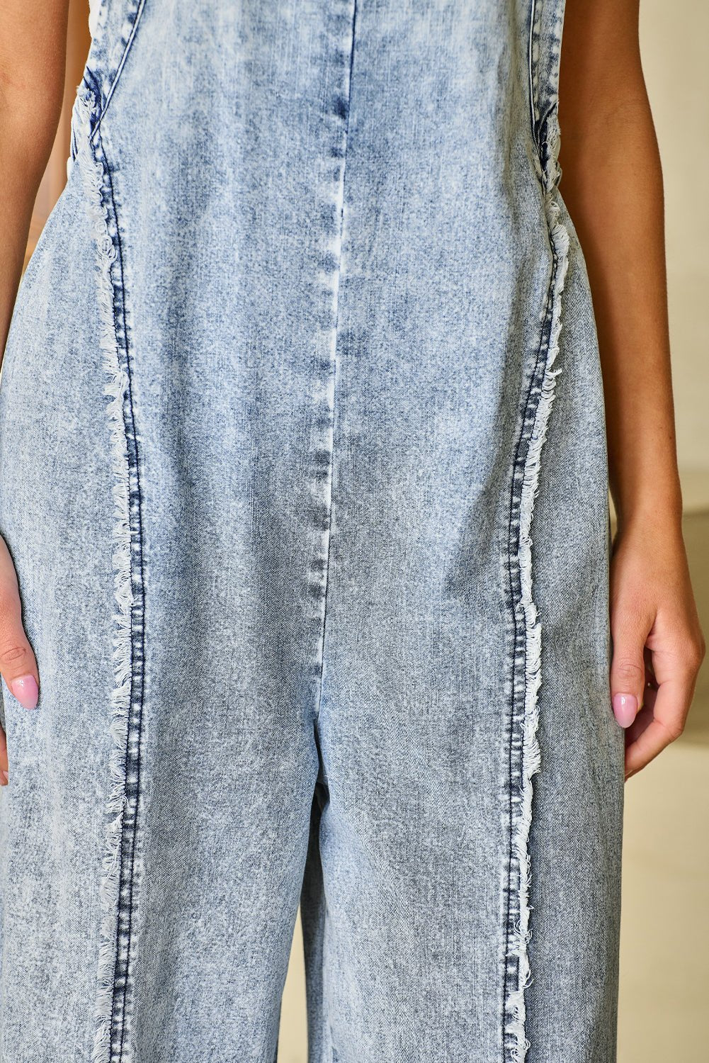 Beau Blue Light Wash Frayed Exposed Seam Wide Leg Denim Overall - Style Chic Couture