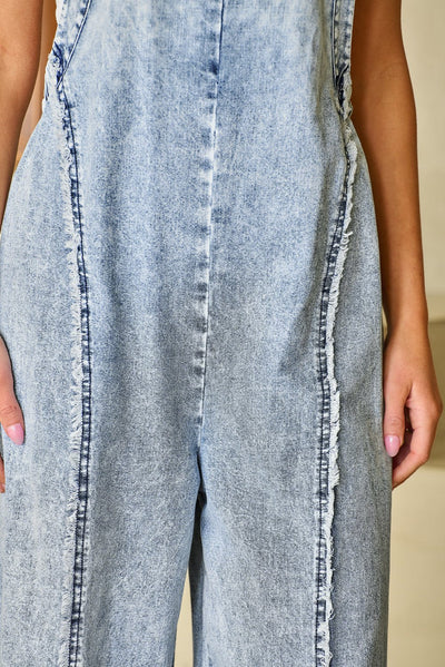 Beau Blue Light Wash Frayed Exposed Seam Wide Leg Denim Overall - Style Chic Couture