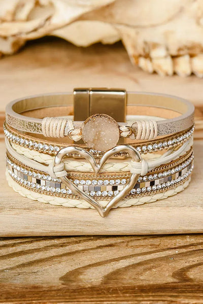 Beige Bohemian Heart Rhinestone Magnetic Buckle Bracelet - Style Chic Couture
