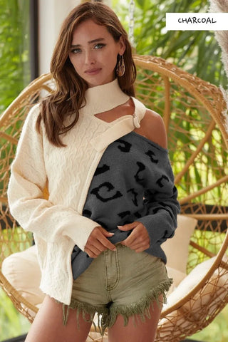 BiBi Cable-Knit Color Block One Shoulder Asymmetrical Sweater