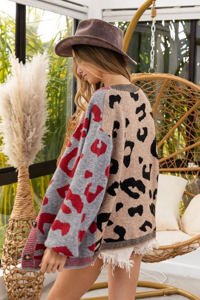 BiBi Leopard Color Block Button Down Sweater Cardigan - Style Chic Couture