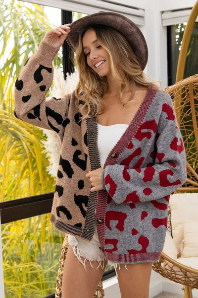 BiBi Leopard Color Block Button Down Sweater Cardigan - Style Chic Couture