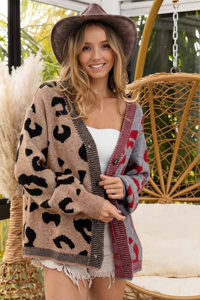 BiBi Leopard Color Block Button Down Sweater Cardigan - Style Chic Couture