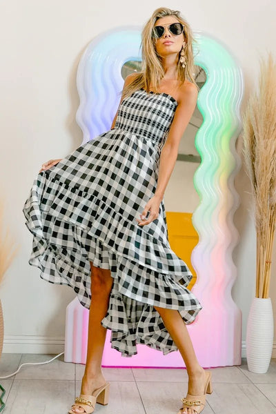 BiBi Smocked Body Off Shoulder Check Dress - Style Chic Couture