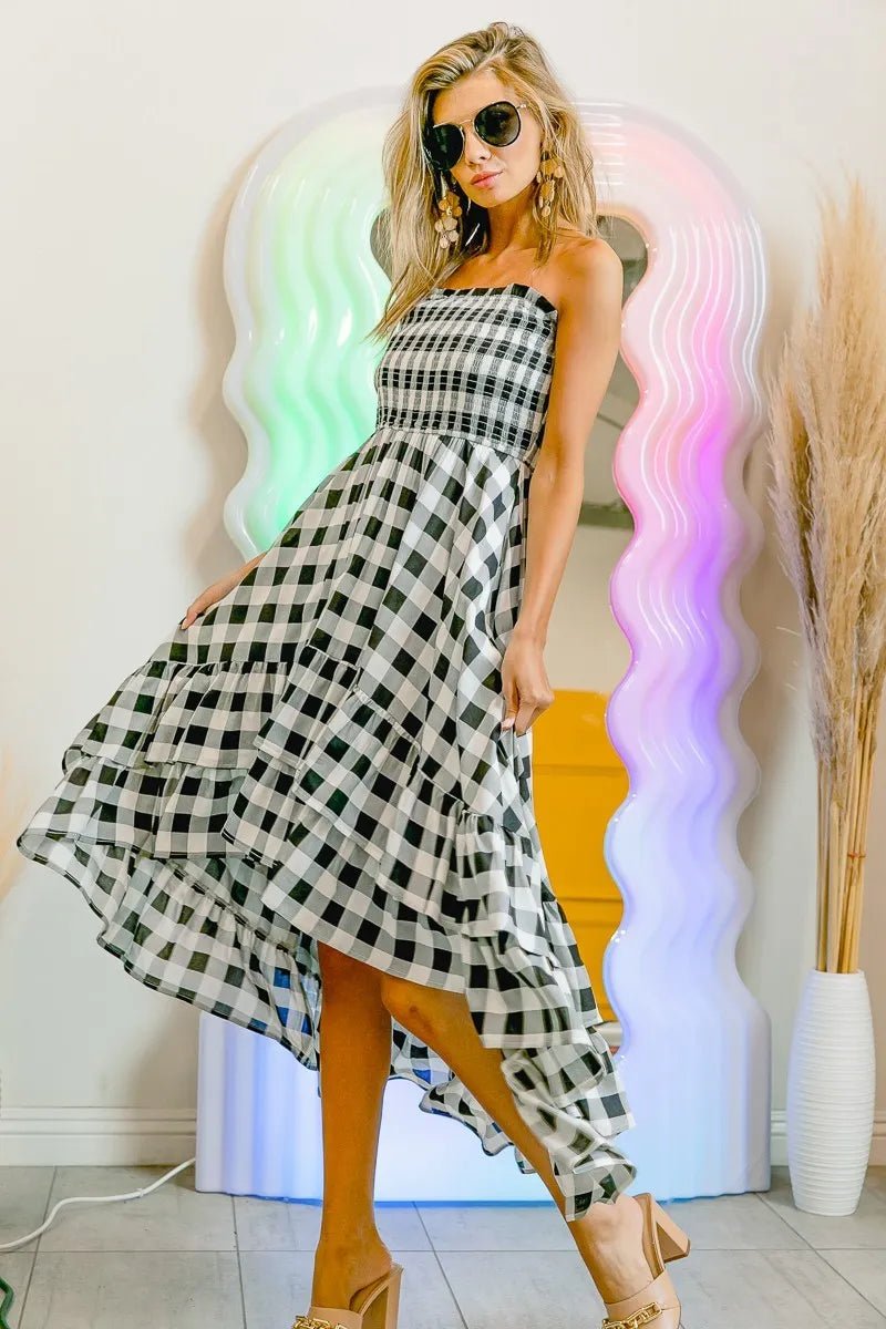 BiBi Smocked Body Off Shoulder Check Dress - Style Chic Couture