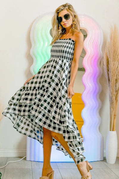 BiBi Smocked Body Off Shoulder Check Dress - Style Chic Couture