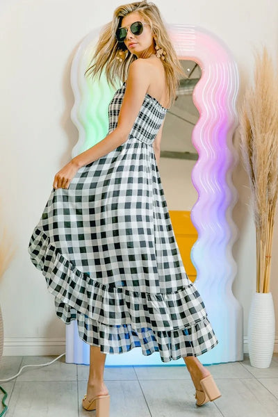 BiBi Smocked Body Off Shoulder Check Dress - Style Chic Couture