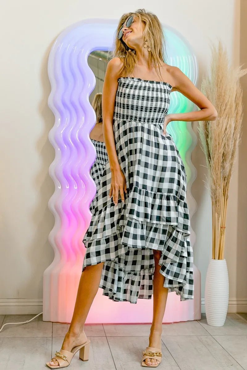 BiBi Smocked Body Off Shoulder Check Dress - Style Chic Couture