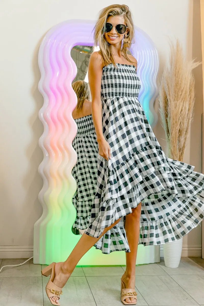 BiBi Smocked Body Off Shoulder Check Dress - Style Chic Couture