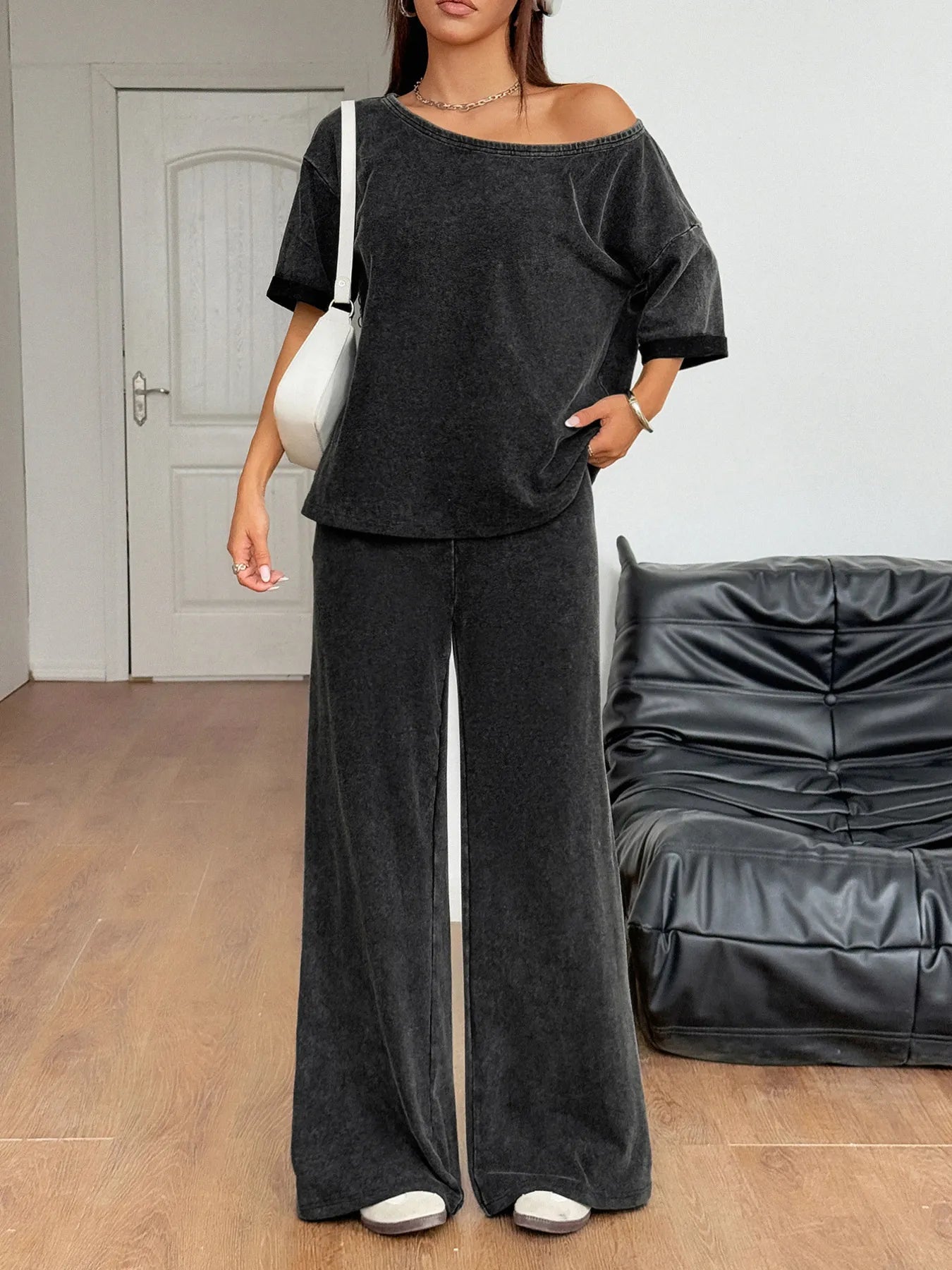 Boat Neck Top and Wide Leg Pants Set - Style Chic Couture