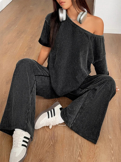 Boat Neck Top and Wide Leg Pants Set - Style Chic Couture