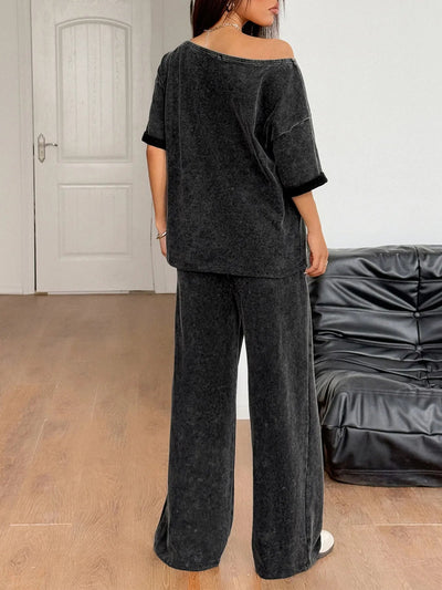 Boat Neck Top and Wide Leg Pants Set - Style Chic Couture