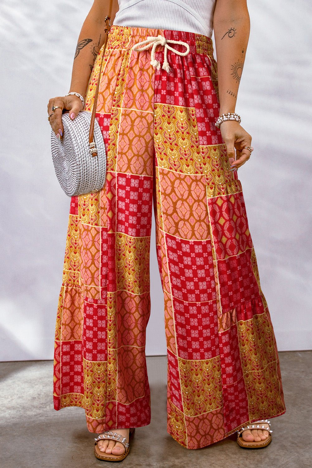 Bohemian Patchwork Drawstring Wide Leg Pants - Style Chic Couture
