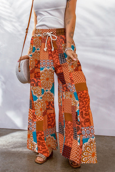 Bohemian Patchwork Drawstring Wide Leg Pants - Style Chic Couture