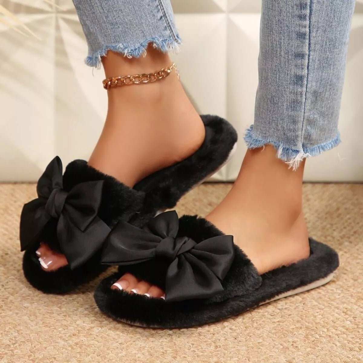 Bow Toe Flats: Cozy Open Toe Slippers