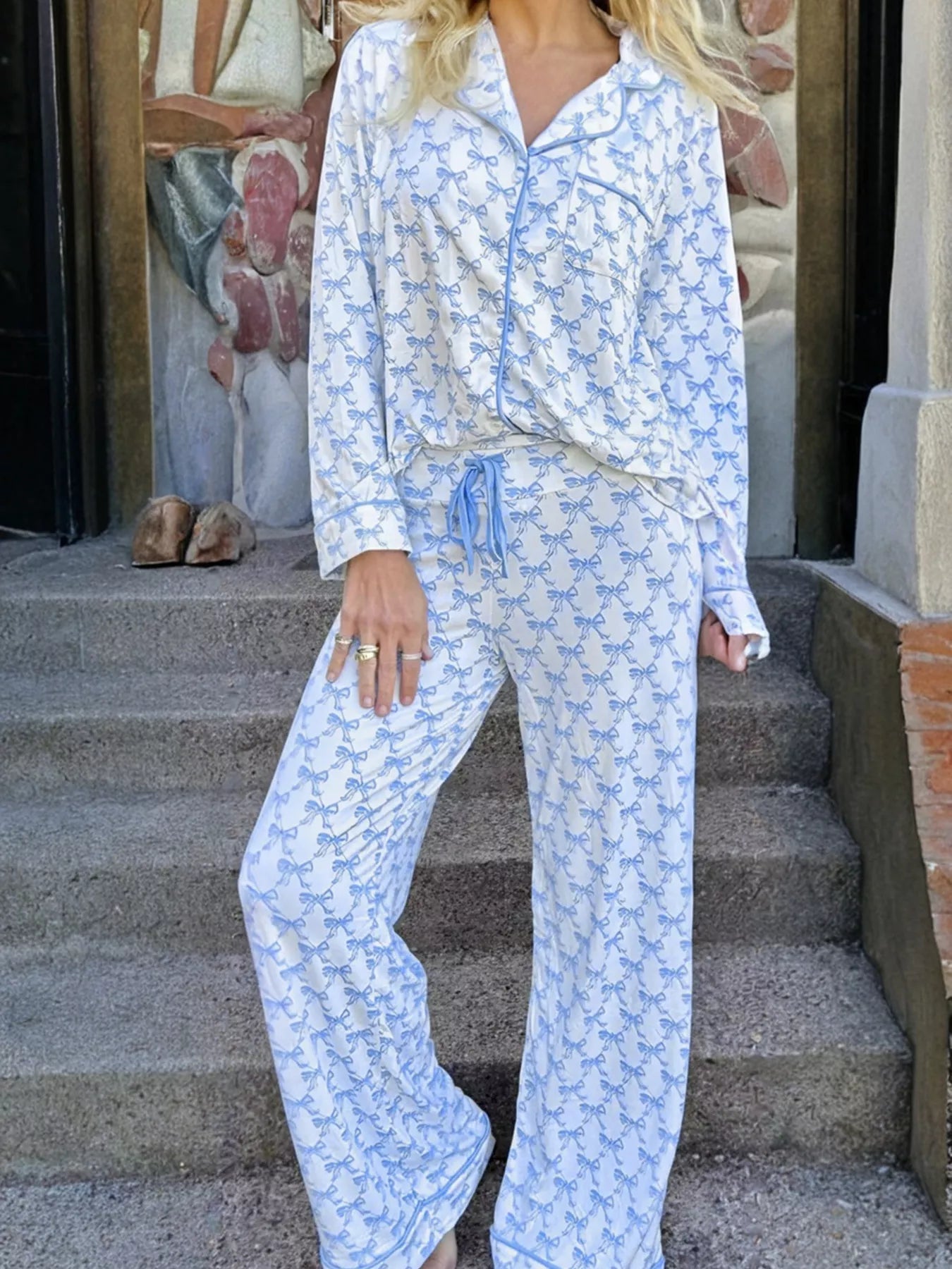 Bow Print Pajama Set with Long Sleeve Shirt & Pants