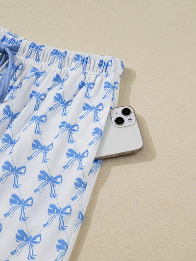 Bow Print Pajama Set with Long Sleeve Shirt & Pants