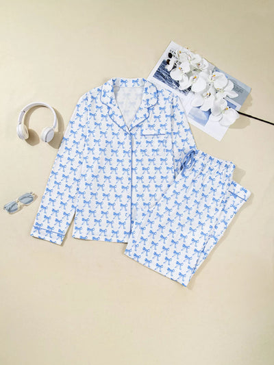 Bow Print Pajama Set with Long Sleeve Shirt & Pants