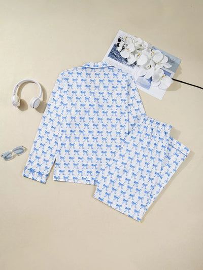 Bow Print Pajama Set with Long Sleeve Shirt & Pants