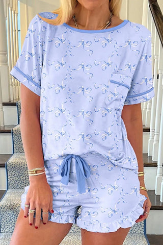 Bow Print Pajama Set - Top & Shorts