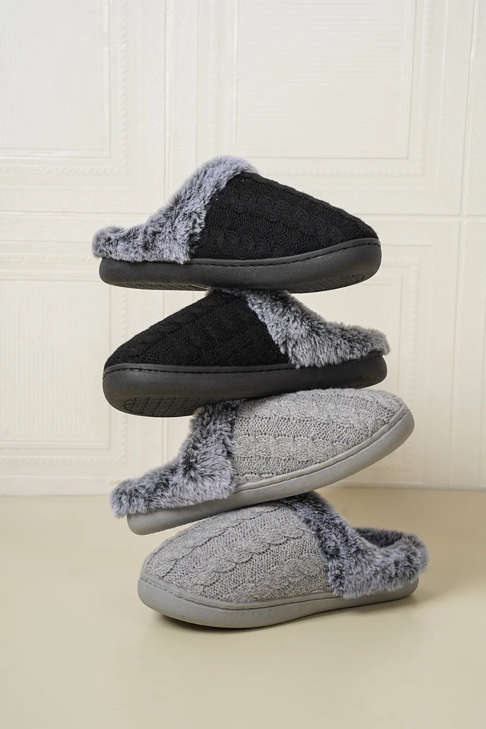 Cable - Knit Fluff Round Toe Slippers - Style Chic Couture