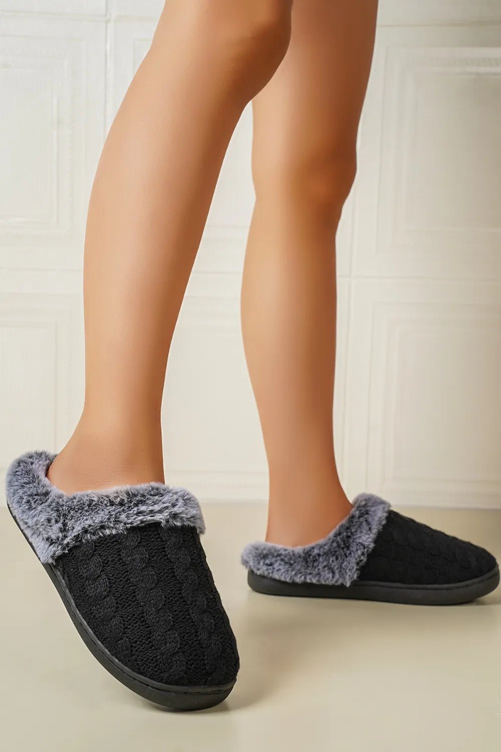 Cable - Knit Fluff Round Toe Slippers - Style Chic Couture