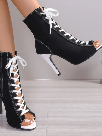 Peep Toe Stiletto Ankle Boots - Canvas Lace-Up
