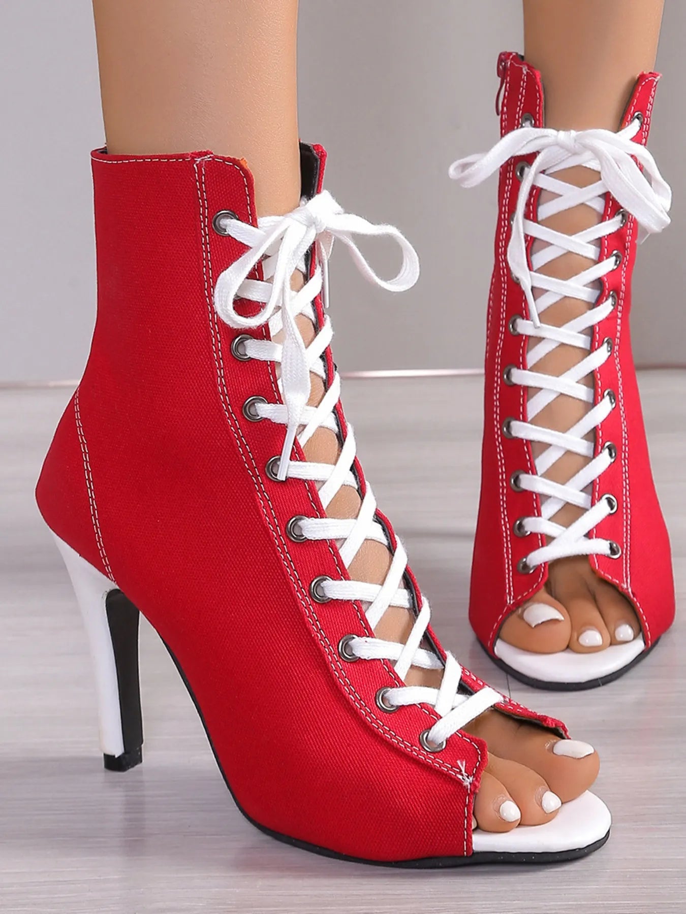 Peep Toe Stiletto Ankle Boots - Canvas Lace-Up