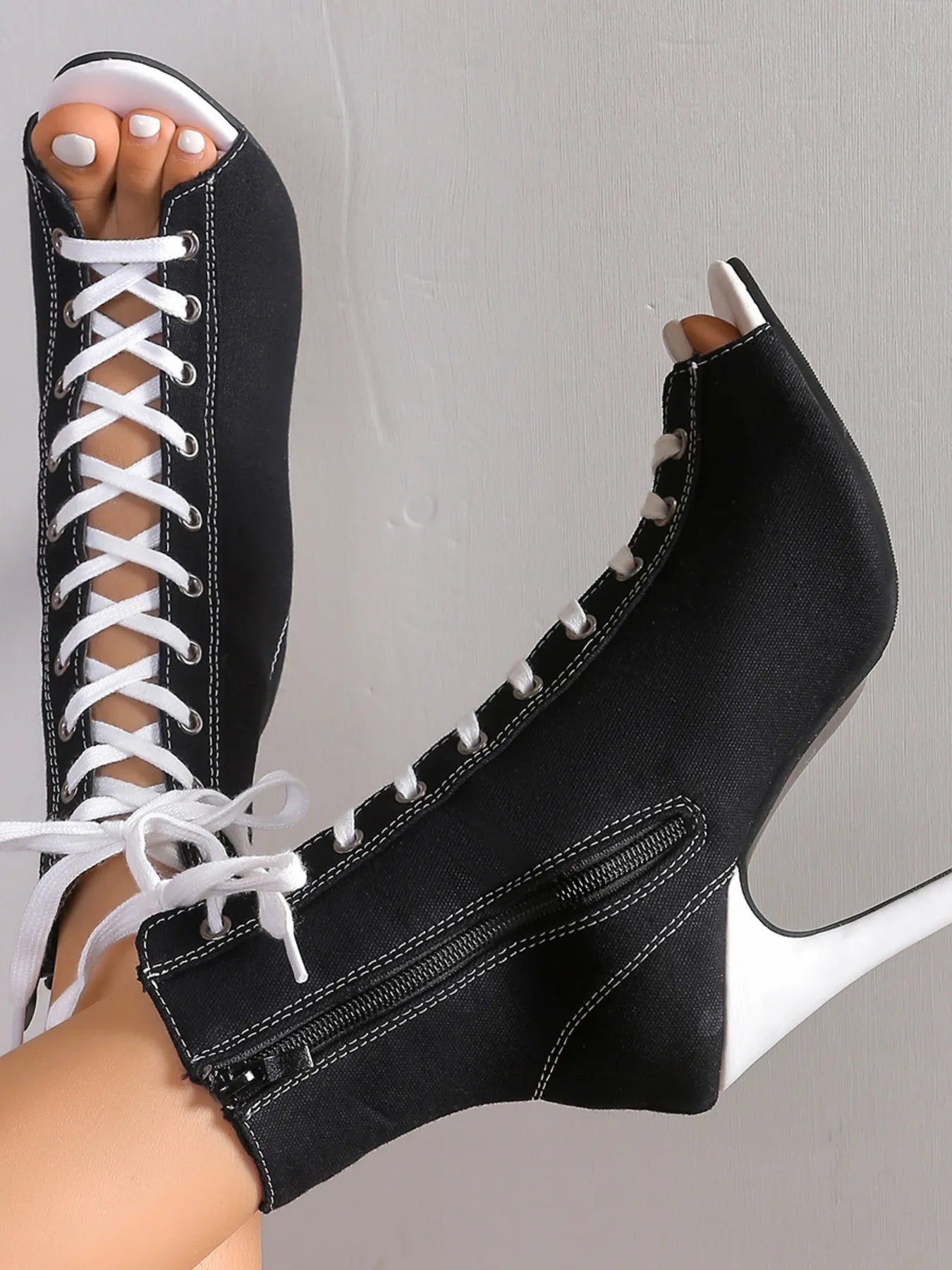 Peep Toe Stiletto Ankle Boots - Canvas Lace-Up