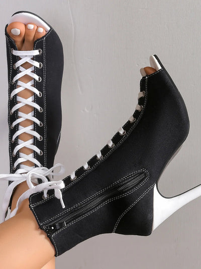 Peep Toe Stiletto Ankle Boots - Canvas Lace-Up