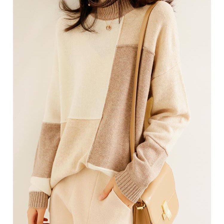 Casual Contrast Hue Relaxed Fit Knitwear Modern Traveler Minimalist Mock Neck Korean Inspired Jumper - Style Chic Couture