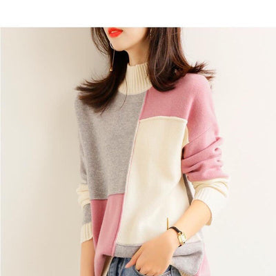 Casual Contrast Hue Relaxed Fit Knitwear Modern Traveler Minimalist Mock Neck Korean Inspired Jumper - Style Chic Couture