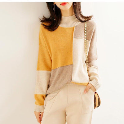 Casual Contrast Hue Relaxed Fit Knitwear Modern Traveler Minimalist Mock Neck Korean Inspired Jumper - Style Chic Couture