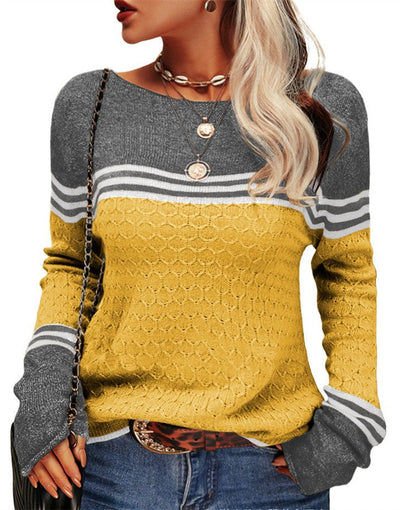 Casual Travel Long Sleeve Striped Color - block Knit Pullover - Style Chic Couture