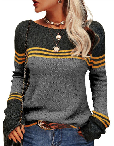 Casual Travel Long Sleeve Striped Color - block Knit Pullover - Style Chic Couture