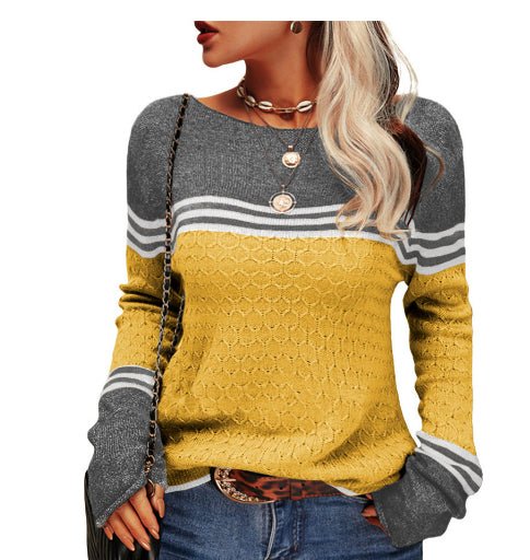 Casual Travel Long Sleeve Striped Color - block Knit Pullover - Style Chic Couture